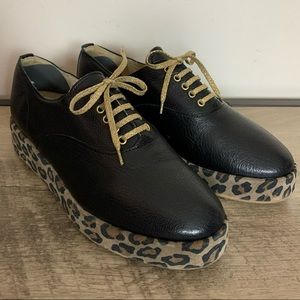 ANNIEL Black LEATHER Leopard PLATFORM Chunky OXFORDS Shoes  38  Italy